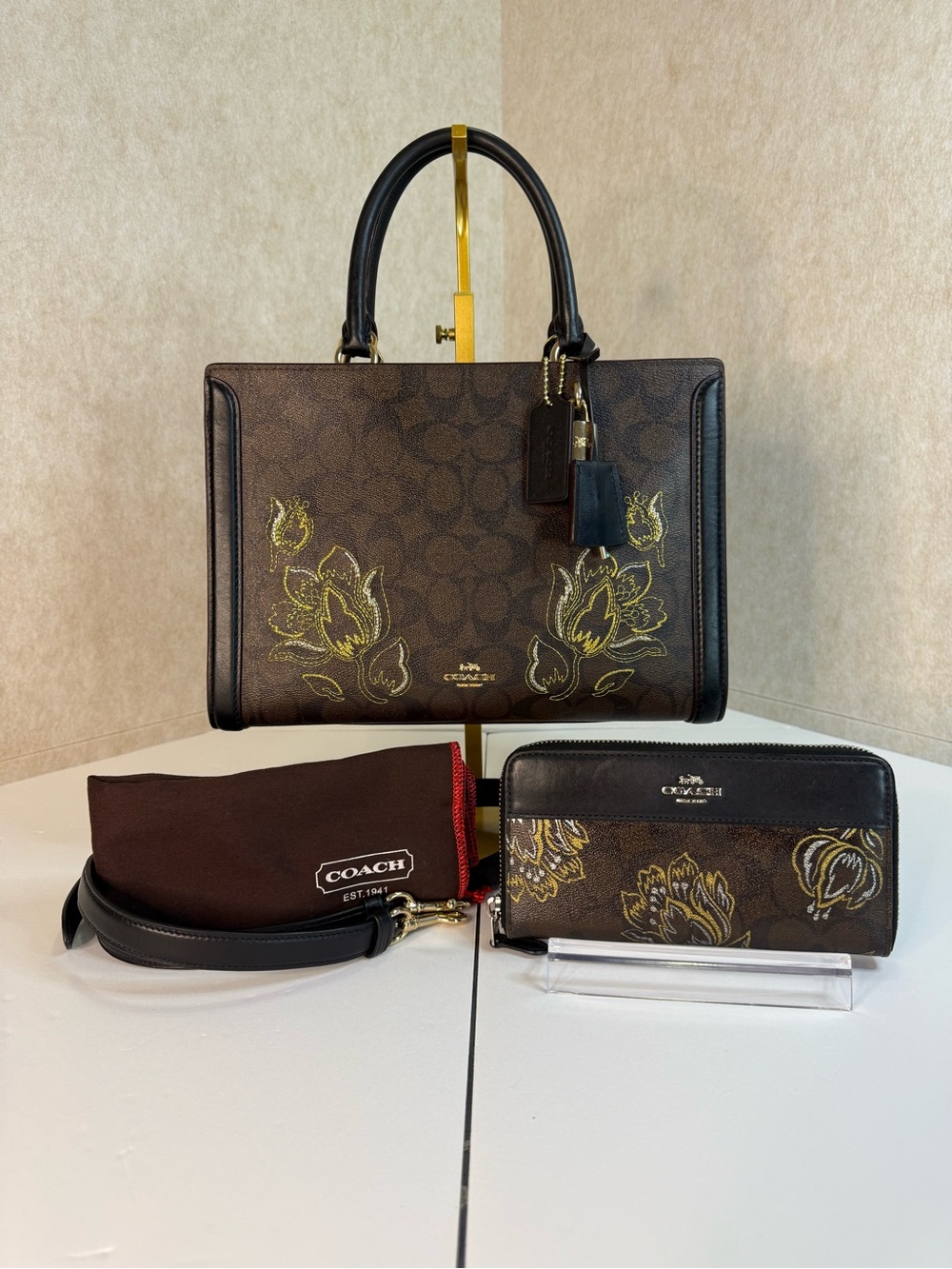 Coach Signature Zoe Embroidered Tulip Carryall Satchel Bag & Matching Wallet